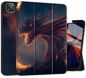 Tuiklol Case for M2 iPad Pro 12.9 inch Generation 6th/5th/4th/3rd 2022 2021 2020 2018 Release - Built in Pencil Holder Slim Protective Stand Back Cover with Auto Wake/Sleep iPad Cover,Fire Dragon