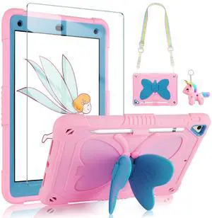 VOFUOE for iPad 6th/5th Generation Case with Screen Protector for iPad 9.7 Case 2018 2017 Butterfly Stand Strap Dolls Pencil Holder Kids Girls Hard Cover for iPad Pro for iPad Air 2th 9.7''-Pink Blue
