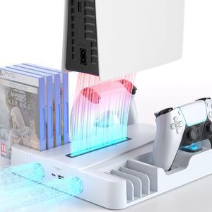 Juseisin for PS5 Gaming Console Cooling Station Holder for Pro, Slim, Digital & Disc Editions - Dual Controller Charging, Multi-Speed Fan, Efficient Heat Dissipation, 8-Game Storage
