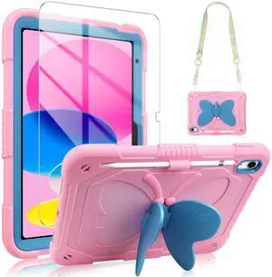 VOFUOE for iPad 10th Generation Case for Kids Girls 2022 10.9'' for iPad A16 Case 11th Generation 2025 11'' with Screen Protector Shoulder Strap Butterfly Wings Stand Pencil Holder Rugged Cover-Pink
