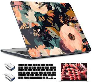 TWOLSKOO Compatible with M4 MacBook Air 13.6 inch Case 2025-2022 Release M4 A3240 M3 A3113 M2 A2681, Plastic Hard Shell & Keyboard Cover & Type C Adapter & Screen Protector, Bright Abstract Flowers