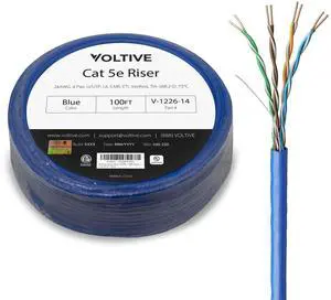 Voltive Cat5e Riser (CMR), 100ft, Blue - Solid Bare Copper Bulk Ethernet Cable - UTP - 350MHz - UL Certified & ETL Verified