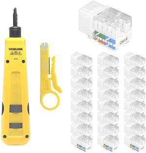 VCE 25-Pack Cat6 RJ45 90 Degree Keystone Jack Insert Bundle with Punch Down Tool Kit with 110 and 66 Blades