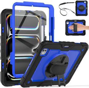 Whmeolyo for iPad Pro 11-Inch Case M4 2024, Shockproof Case for iPad Pro 11 5th Generation with Screen Protector/Pencil Holder/Rotating Kickstand [Hand & Shoulder Strap],Black+Blue