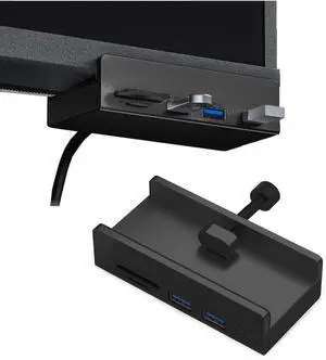 USB C Hub Clamp Aluminum 2-Port USB 3.0, USB C Data Port, SD/TF Card Reader for 0.39''-1.18'' Thickness Desktop PC, Desks,Monitor Stand Desktop Powered USB Hub and Cell Phone Holder (Black)