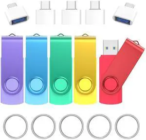 64GB USB 3.0 Flash Drives 5 Pack with USB C 3.0 Adapter and Keychains, Wooolken Swivel Thumb Drives USB Stick Drive Memory Stick