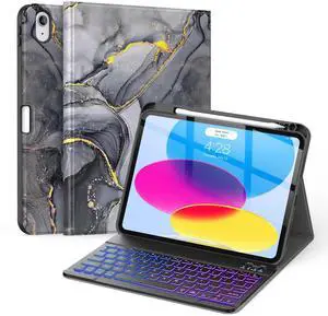 Soke for iPad (A16) 11th/10th Generation Case with Keyboard(2025/2022)-7 Color Backlight Wireless Detachable Folio Keyboard Cover with Built-in Pencil Holder for iPad 11/10.9 inch, Black Marble
