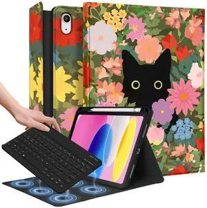 Wazzasoft for iPad 10th Generation Case with Keyboard - for iPad A16 Cases Pencil Holder 10.9 Inch Cover Women Girl Cute Girly Cat Flower Unique Design Funda for Apple Tablet 10th/11th gen