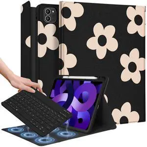 Wazzasoft for iPad Air 11 inch Case 2024, Air 5th/4th Generation 10.9, Pro 11'' Case with Keyboard Pencil Holder Folio Tablet Cover Women Girls Cute Floral Flower for iPad Air 11 2024 (M2), Pro 11