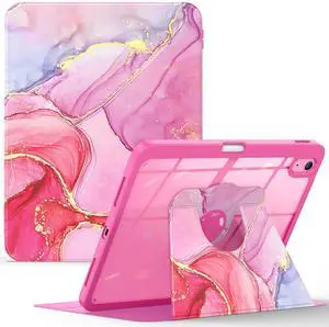 Soke Rotating Case for iPad (A16) 11th Generation 2025, iPad 10th Gen 2022 with Pencil Holder, [Shockproof + Auto Sleep/Wake] 360 Degree Rotation Clear Back for iPad 11"/10.9", Hot Pink Marble