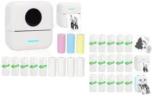 Vicbear Mini Portable Printer Set with 12 Rolls Printing Paper + 15 Rolls Thermal Sticker Paper Set, White