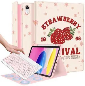 Wazzasoft for iPad 10th Generation Case with Keyboard - for iPad A16 Cases Pencil Holder 10.9 Inch Cover Women Girl Cute Girly Unique Strawberry Design Funda for Apple Tablet 10th/11th gen