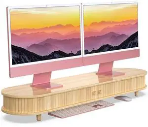 WELL WENG Bamboo Dual Monitor Stand with Storage, Curved Double Computer Laptop Stand Desk Shelf Organizer with Sliding Doors (42 inch)