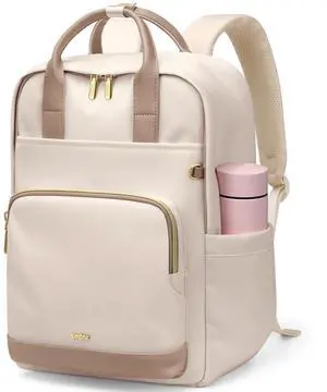 VNINE Laptop Backpack for Women Work 15.6 Inch Computer Backpacks Purse Large Capacity Carry on Bookbag Waterproof Lightweight Daypack Bag for College Nurse Teacher Travel Beige