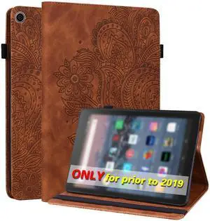 VODEFOX for Kindle Fire HD 10 Case 9th/7th/5th Generation 10.1 Inch (2019/2017/2015),Embossed Flower Pattern PU Leather Folio Wallet Shockproof Cover with Pencil Holder Elastic Band 10.1" - Brown