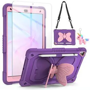 VOFUOE for iPad 9th 8th 7th Generation Case with Screen Protector Butterfly Stand Shoulder Strap Keychain Pencil Holder for iPad 10.2 Hard Cover Kids Girls for iPad 9th/8th/7th(2021/2020/2019)-Purple