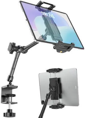 WISHCODE Tablet Stand for Desk, [360deg Rotating Arm] Portable Aluminum Mount for Live Streaming, Kitchen, Office, Wardrobe, Cupboard -- Fits 5.5-15.6" iPad Pro/Air/Mini, Galaxy Tab, Fire
