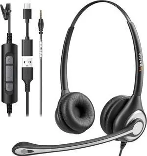 USB Headset with Microphone for PC, Computer Laptop Headset with Call Answer Button for MS Teams & IP Phones, Lightweight Design & Memory Foam Cushions for All-Day Comfort (Black)