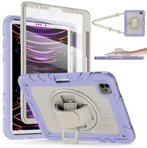 Stweap iPad Pro 11 inch Case 4th/3rd/2nd/1st Gen 2022/2021/2020/2018,Heavy-Duty Rotating Stand Protective Cover + Pencil Holder,with Hand Strap/Shoulder Straps Case for iPad Pro 11-inch,Purple+White