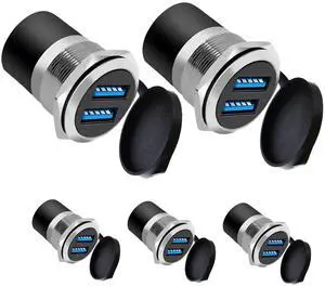 YiKaiEn Dual USB 3.0 Panel Mount Adapter - Threaded Round Connector with Waterproof Dust Cover, 2 Female to 2 Female Ports, 5Gbps for High-Speed Data Transfer, 5V 2A for Charging (5-Pack Silver)