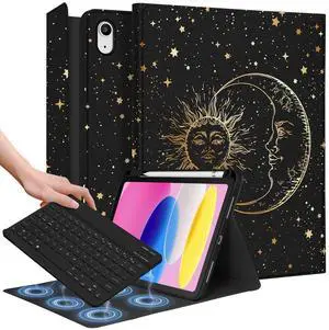 Wazzasoft for iPad 10th Generation Case with Keyboard - for iPad A16 Cases Pencil Holder 10.9 Inch Cover Women Girls Cute Girly Sun and Moon Unique Design Funda for Apple Tablet 10th/11th gen