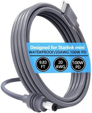 WAWINY 9.83FT/3M Starlink Mini USB-C Cable - High-Speed 100W PD Charging, Waterproof & Durable Starlink Mini Cable, USB-C to DC Replacement Cord for Power Bank & Charger (3M, Gray)