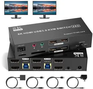 HDMI KVM Switch 2 Monitors 2 Computers 8K@60Hz, Dual Monitor Switch for 2 Computers,Support Extended/Mirror Mode SD/TF Card,4 USB 3.0 Port for Keyboard Mouse Supports SD/TF Card,Desktop Controller