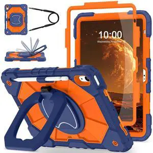 WESOROL Case for iPad (A16) 11th/10th Generation 2025/2022 with Screen Protector Rotating Stand Pencil Holder Shoulder Strap Heavy Duty Shockproof Cover for iPad 10th Gen Case Kids,Navy Orange