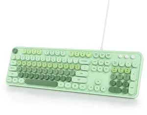 Owpkeenthy Typewriter Green Cute Keyboard with Floating Round Keys, Full Size Wired Retro Keyboard Click Feeling with Foldable Stands for Laptop Office PC Desktop Windows (Green)