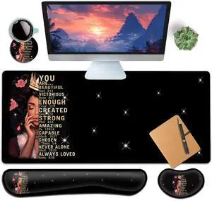 Large Gaming Mouse Pad+ Keyboard Wrist Rest Set, Ergonomics Memory Foam Mouse Mat Wrist Rest Support, Waterproof Extended Mousepad 31.5x11.8in, African American Women Black Girl Desk Pad