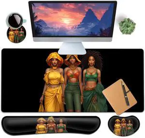Large Gaming Mouse Pad+ Keyboard Wrist Rest Set, Ergonomics Memory Foam Mouse Mat Wrist Rest Suppor, Waterproof Extended Mousepad 31.5x11.8in, African American Women Black Girl Desk Pad