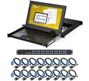 16 Port Rack Mount LCD KVM Console, Yinker VGA KVM Switch with 15.6 inch LCD Monitor, Fit 1U 19" Rack 600mm-deep Network Server Cabinet w/Keyboard Touchpad Drawer KVM Cables