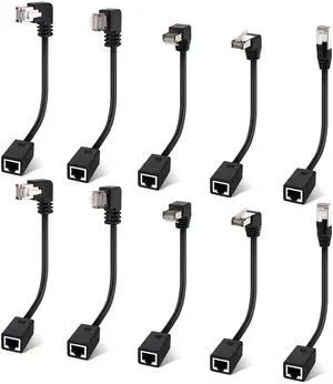 Cat 6 Ethernet Extension Cable 10 Pack,Multiple Angles(UP/Down/Left/Right/Straight), Cat6 RJ45 Network LAN Patch Cord Adapter, FTP Shielded Male to Female Connector, Supports CAT5E/CAT5-2 Feet