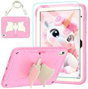 TOMORRY for iPad (A16) 11th Generation 11 Inch 2025/iPad 10th Generation Case 10.9 Inch 2022 with Tempered Glass Screen Protector,Unicorn Stand,Shoulder Strap,for iPad 10 Case Kids Girls (Light Pink)