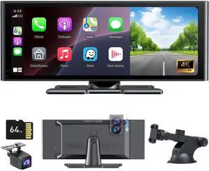 Wonsidary Portable Carplay Screen for Car, 10.26" HD IPS Wireless Carplay & Android Auto,Touch Car Play Screen with SuperLink,4K Dash Cam,1080p Backup Camera,Loop Recording,Bluetooth Audio,GPS,Siri