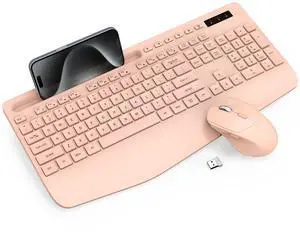 Trueque Wireless Keyboard and Mouse Combo - Full-Sized Ergonomic Keyboard with Wrist Rest, Phone Holder, Sleep Mode, Silent 2.4GHz Cordless Keyboards Mice Set for Computer, Laptop, PC, Windows (Pink)