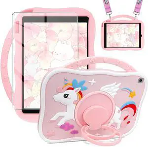 for iPad 9th Generation Case for Kids Pink Cute iPad 10.2 Case with Screen Protector Strap Protective Rainbow Pony Tablet Cover for iPad 9th 8th 7th Gen Pro 10.5 inch Air 3rd Generation