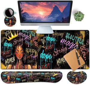 Large Gaming Mouse Pad+ Keyboard Wrist Rest Set, Ergonomics Memory Foam Mouse Mat Wrist Rest Support, Waterproof Extended Mousepad 31.5x11.8in, African American Black Women Graffiti Girl Desk Pad