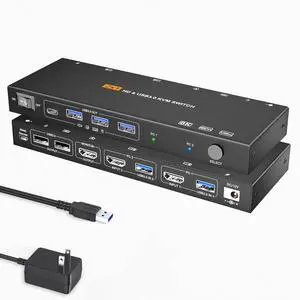 HDMI KVM Switch 1 Monitors 2 Computers 8K60Hz EDID Simulation USB3.0 KVM Switch for 2 Computers Share Dual Monitors and 4 USB Devices withRemote Control