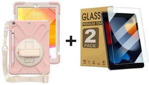 ZenRich Bundle for iPad 9th/8th/7th Gen 10.2'': 2-Pack Anti-Glare Tempered Glass Screen Protectors &Rugged Full-Body Case, Sakura Pink