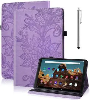 TUOLISG Case for  Kindle Fire HD 10 9th/7th/5th Generation 10.1 Inch with Card Slots, Flower Pattern Embossed PU Leather Folio Wallet Stand Case for Fire HD 10 2019/2017/2015, Purple