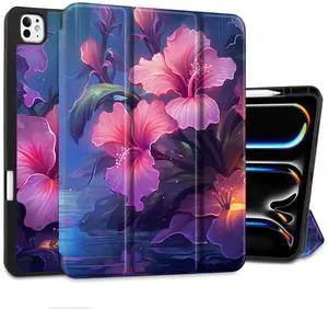 Yebiseven Case for M4 iPad Pro 13 inch 2024 Released Model A2925/A2926/A3007, Shockproof Tablet Case with Pencil Holder & Auto Wake/Sleep & Soft TPU Back Cover, Hibiscus Flower
