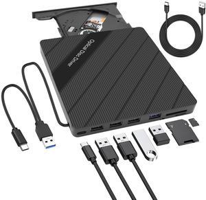 XMSJSIY External CD/DVD Drive for Laptop USB 3.0 Type-C Portable CD/DVD ROM +/-RW Drive Burner Writer Player Reader Disk Duplicator with USB 3.0/Type-C/SD/TF Card Ports 8 in 1 for Desktop PC Mac
