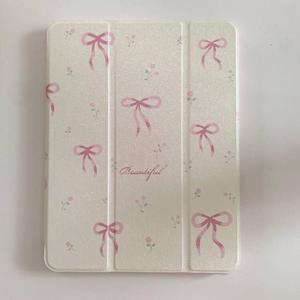 Adjustable Kickstand Mirror Leather Hard Folio Case for Apple Cream White Color Pink Bow Ribbon Beautiful Floral Cute Chic Adorable Lovely Girls Kids (for iPad Pro 11-inch 4th Generation 2022)