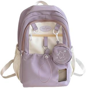 UINSUE Kawaii Backpack Double Shoulder Bag with Cute Star Removable Pouch Small Clear Front Pocket Large Capacity Fits 16" Laptop Dopamine Colors Daypack (Purple)