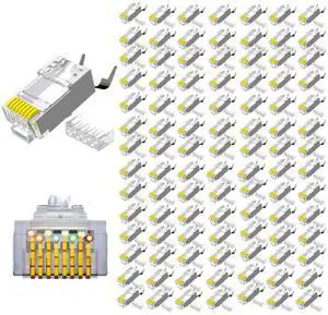 RJ45 connector, 100 pack CAT.5E, Cat6, CAT.7 shielded perforated Ethernet cable crimping connector network plug, suitable for solid wire and standard cable, transparent (CAT.7 shield perforation)