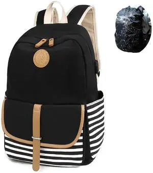 SCIONE Backpacks for Women Teen Girls, Big Kid Large Capacity Book Bag with USB Charger Port,Cute Canvas Bookpack -Durable Black Stripe Backpack,Travel Laptop Backpack,Back to School Gift for Girls