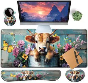 Large Gaming Mouse Pad+ Keyboard Wrist Rest Set, Ergonomics Memory Foam Mouse Mat Wrist Rest Support for Home Office, Waterproof Extended Mousepad 31.5x11.8in, Cute Baby Cow in Bucket Desk Pad