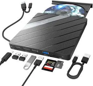 Alxum External CD DVD Drive for Laptop, 8 in 1 Portable CD DVD Burner Rewriter with Multiple Ports Support Faster Transfer Speed CD 8X DVD 24x for Windows 11/10/8/7 MacOS and More