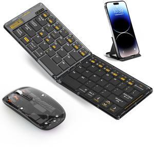 Foldable & Folding Wireless Keyboard Set Combo for iPad, Transparent Bluetooth Typepad & Mouse, Compatible with iOS, Windows, Android, Smartphones, Laptops, etc.